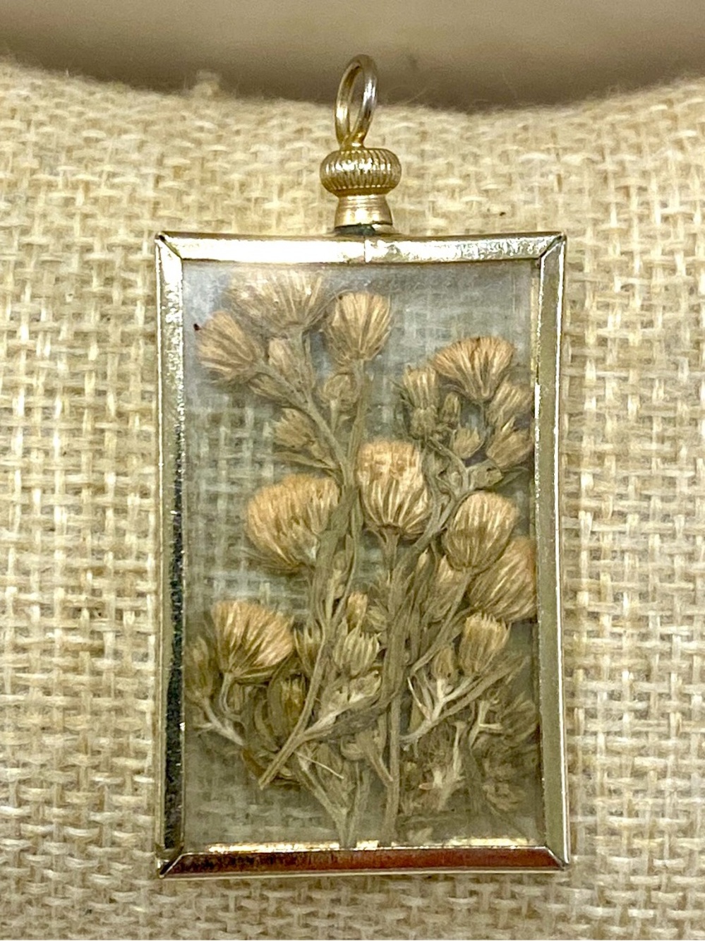 Vintage Gold Rectangular Pressed Flower Pendant Beige Floral Charm